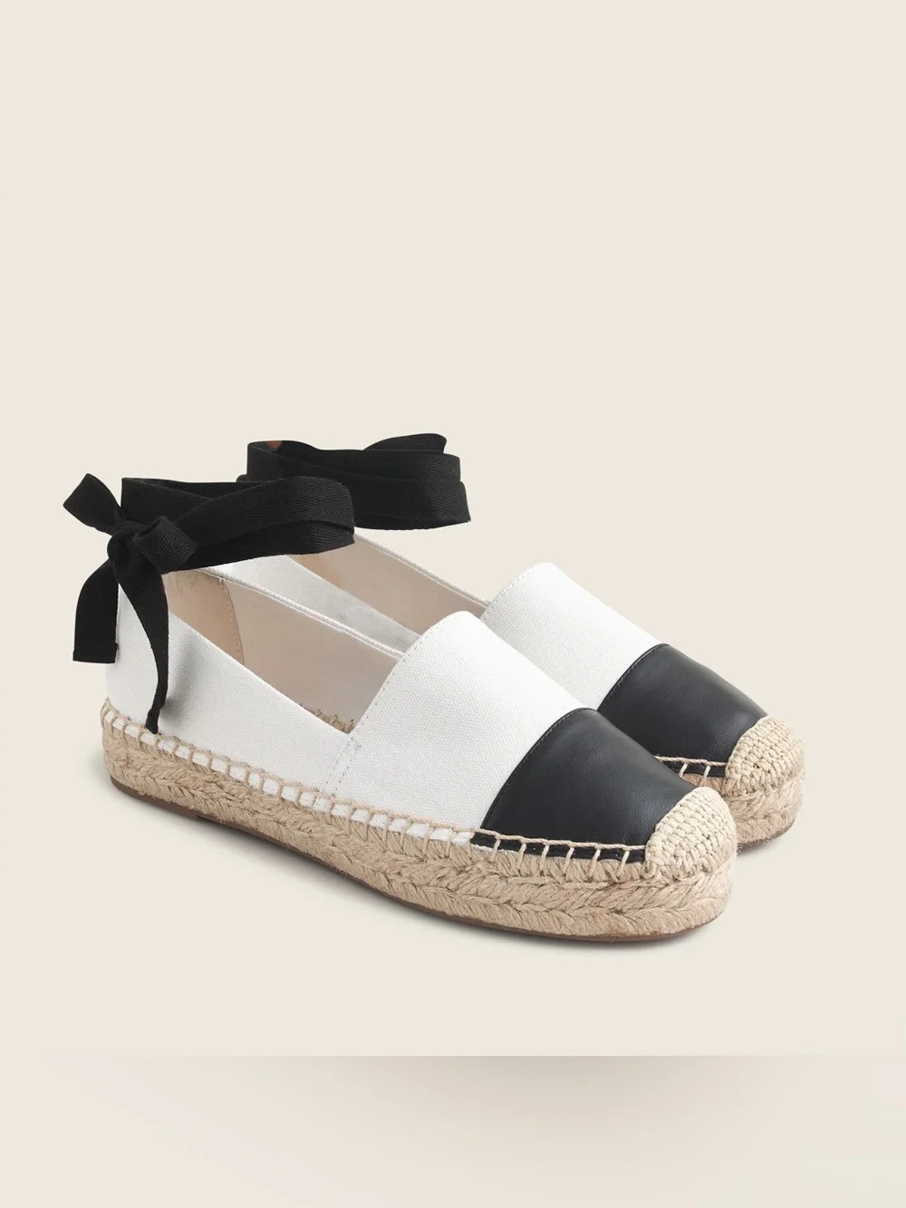 J. Crew Ivory Canvas Black Leather Cap Toe Ankle‎ Wrap Slip-On Espadrille Flats